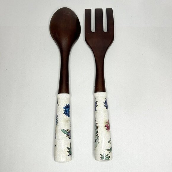Wooden Salad Serving Fork Spoon Set w/ Porcelain Floral/Bird Handles 13" - Picture 4 of 8